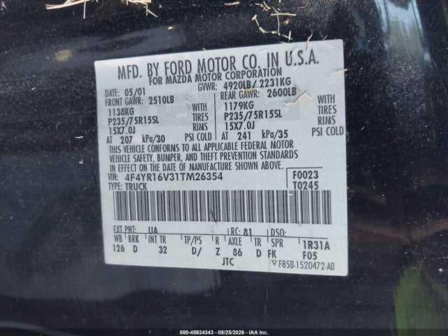 Продаж на аукціоні авто 2001 Mazda B3000 Ds/se, vin: 4F4YR16V31TM26354, номер лоту: 45924343