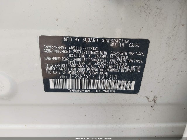 45924348 :رقم المزاد ، JF2SKAXC3LH560210 vin ، 2020 Subaru Forester Touring مزاد بيع