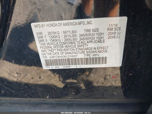 Продаж на аукціоні авто 2019 Acura Mdx Tech Pkg, vin: 5J8YD4H53KL014007, номер лоту: 45924360