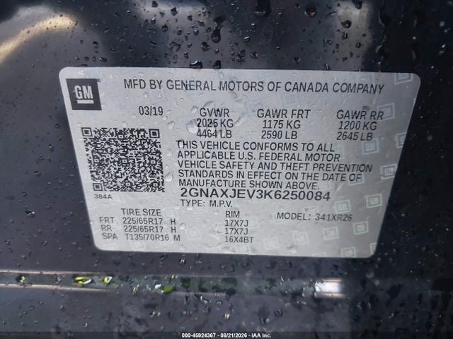 45924367 :رقم المزاد ، 2GNAXJEV3K6250084 vin ، 2019 Chevrolet Equinox Lt مزاد بيع