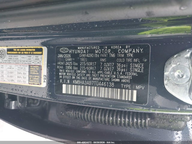 2026 Hyundai Kona Se მანქანა იყიდება აუქციონზე, vin: KM8HA3AB7TU446138, აუქციონის ნომერი: 45924372