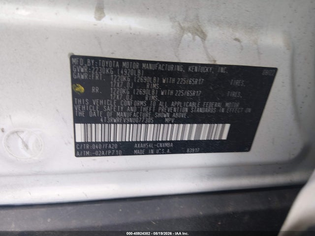 2022 Toyota Rav4 Hybrid Xle მანქანა იყიდება აუქციონზე, vin: 4T3RWRFV9NU077305, აუქციონის ნომერი: 45924382
