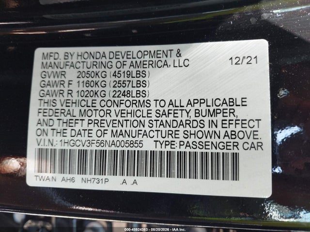 45924383 :رقم المزاد ، 1HGCV3F56NA005855 vin ، 2022 Honda Accord Hybrid Ex-l مزاد بيع