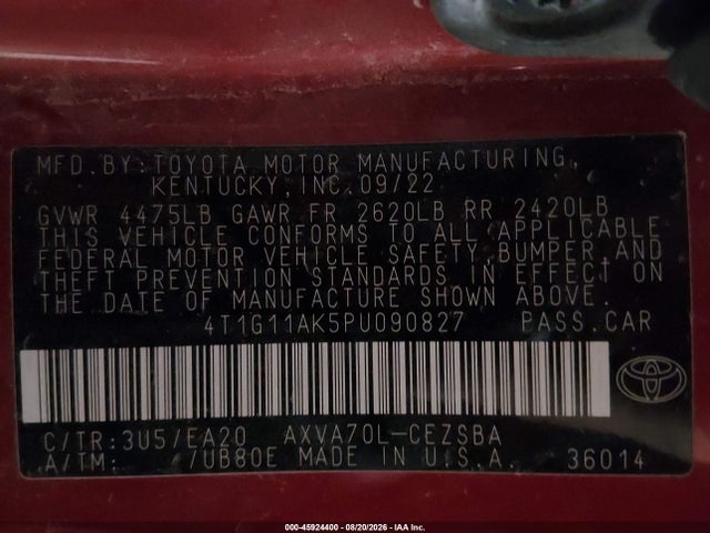 Aukcja sprzedaży 2023 Toyota Camry Se, vin: 4T1G11AK5PU090827, numer aukcji: 45924400