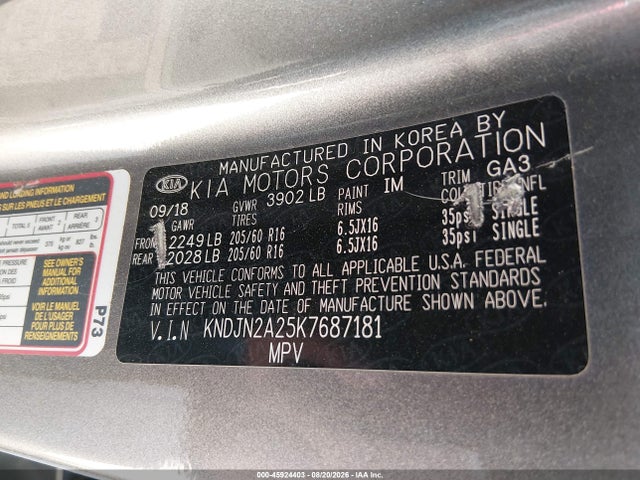 Auction sale of the 2019 Kia Soul, vin: KNDJN2A25K7687181, lot number: 45924403
