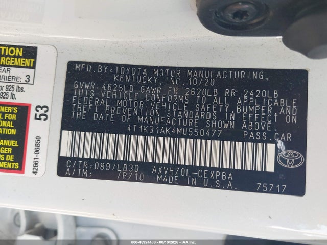 45924409 :رقم المزاد ، 4T1K31AK4MU550477 vin ، 2021 Toyota Camry Xse Hybrid مزاد بيع
