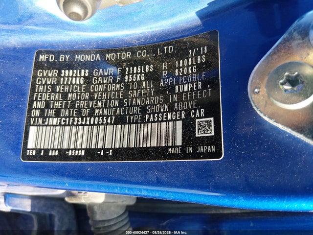 Продажа на аукционе авто 2018 Honda Civic Ex-t, vin: JHMFC1F33JX005547, номер лота: 45924427