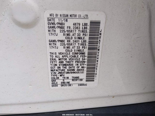 45924435 :رقم المزاد ، JN8AT2MV9HW005191 vin ، 2017 Nissan Rogue S مزاد بيع