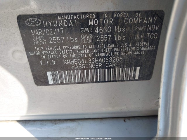 Aukcja sprzedaży 2017 Hyundai Sonata Hybrid Limited, vin: KMHE34L33HA063265, numer aukcji: 45924439