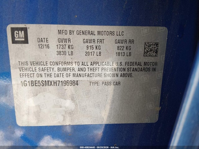 Aukcja sprzedaży 2017 Chevrolet Cruze Lt Auto, vin: 1G1BE5SMXH7196984, numer aukcji: 45924440