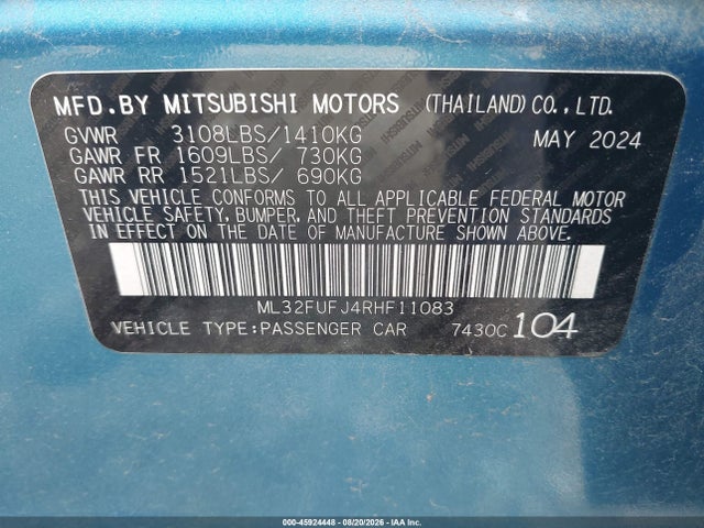 2024 Mitsubishi Mirage G4 Black Edition/es/le მანქანა იყიდება აუქციონზე, vin: ML32FUFJ4RHF11083, აუქციონის ნომერი: 45924448