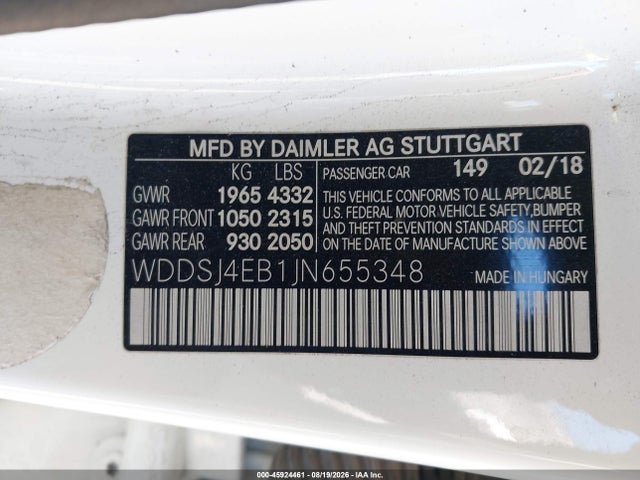 Aukcja sprzedaży 2018 Mercedes-benz Cla 250, vin: WDDSJ4EB1JN655348, numer aukcji: 45924461