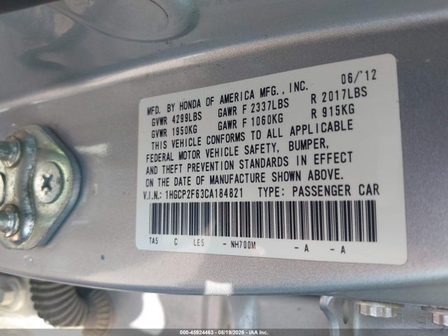 2012 Honda Accord 2.4 Se მანქანა იყიდება აუქციონზე, vin: 1HGCP2F63CA184821, აუქციონის ნომერი: 45924463