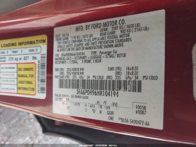 45924467 :رقم المزاد ، 3FA6P0H96HR104194 vin ، 2017 Ford Fusion Se مزاد بيع