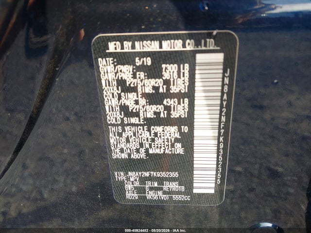 Продаж на аукціоні авто 2019 Nissan Armada Platinum, vin: JN8AY2NF7K9352355, номер лоту: 45924482