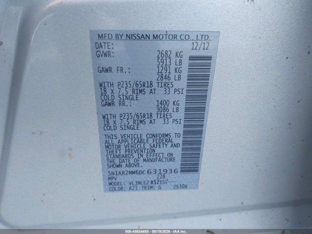 Продажа на аукционе авто 2013 Nissan Pathfinder Sv, vin: 5N1AR2MM6DC631936, номер лота: 45924485
