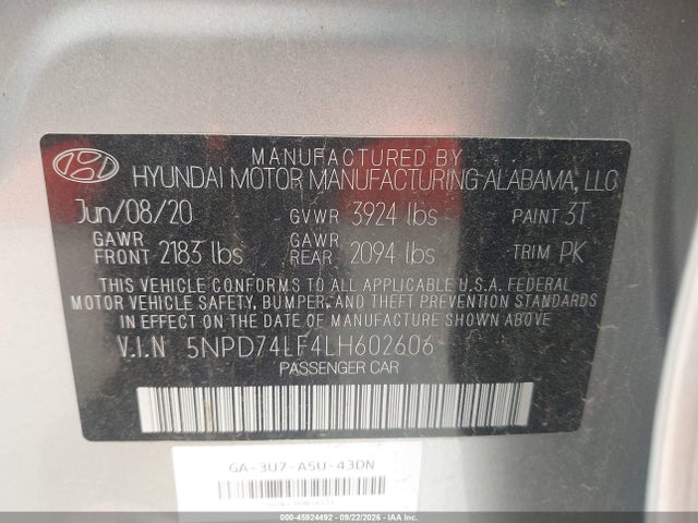 Aukcja sprzedaży 2020 Hyundai Elantra Se, vin: 5NPD74LF4LH602606, numer aukcji: 45924492