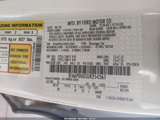 Продажа на аукционе авто 2018 Ford Fusion Hybrid S, vin: 3FA6P0UU3JR254361, номер лота: 45924496