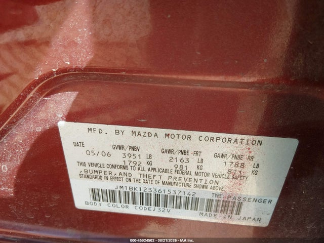 Aukcja sprzedaży 2006 Mazda Mazda3 S, vin: JM1BK123361537142, numer aukcji: 45924502