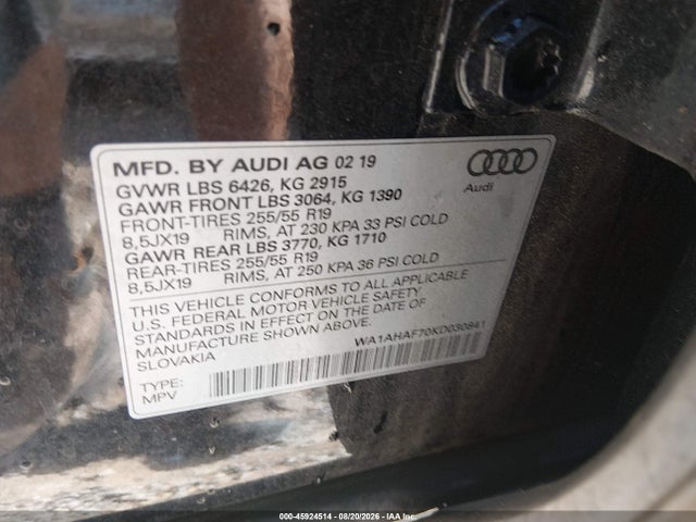 Продаж на аукціоні авто 2019 Audi Q7 45 Premium/45 Se Premium, vin: WA1AHAF70KD030841, номер лоту: 45924514
