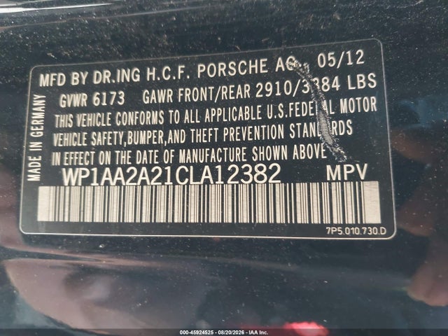 45924525 :رقم المزاد ، WP1AA2A21CLA12382 vin ، 2012 Porsche Cayenne مزاد بيع