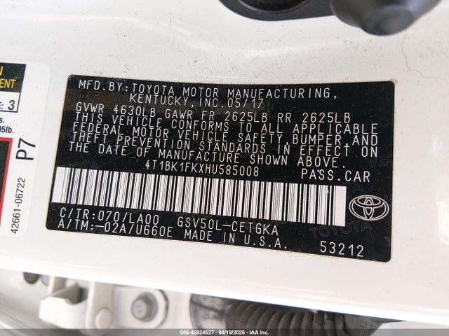 Aukcja sprzedaży 2017 Toyota Camry Xle V6, vin: 4T1BK1FKXHU585008, numer aukcji: 45924527