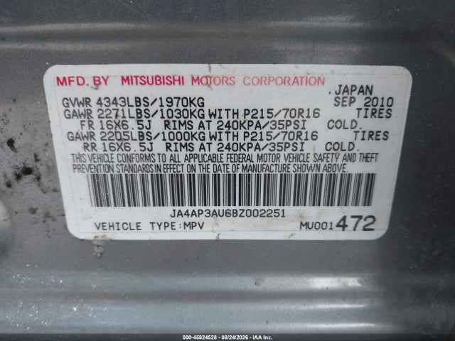 Продаж на аукціоні авто 2011 Mitsubishi Outlander Sport Es, vin: JA4AP3AU6BZ002251, номер лоту: 45924528