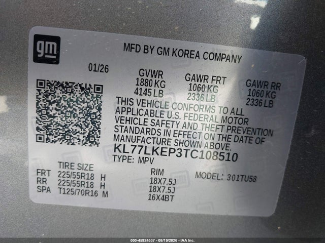 45924537 :رقم المزاد ، KL77LKEP3TC108510 vin ، 2026 Chevrolet Trax Fwd Activ مزاد بيع