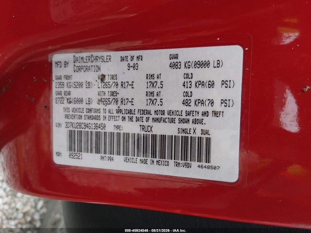 Продаж на аукціоні авто 2004 Dodge Ram 2500 Slt/laramie, vin: 3D7KU28C94G136450, номер лоту: 45924546