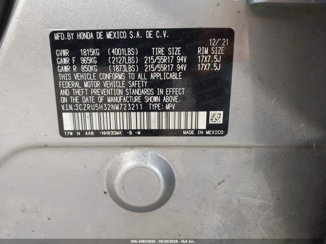 2022 Honda Hr-v 2wd Lx მანქანა იყიდება აუქციონზე, vin: 3CZRU5H32NM723211, აუქციონის ნომერი: 45924558