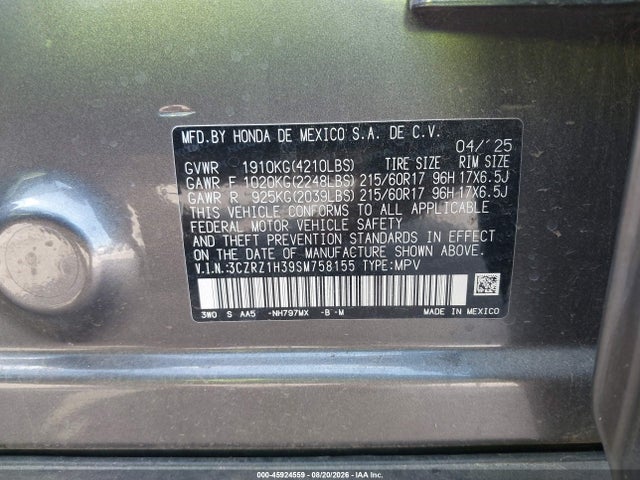 45924559 :رقم المزاد ، 3CZRZ1H39SM758155 vin ، 2025 Honda Hr-v 2wd Lx مزاد بيع