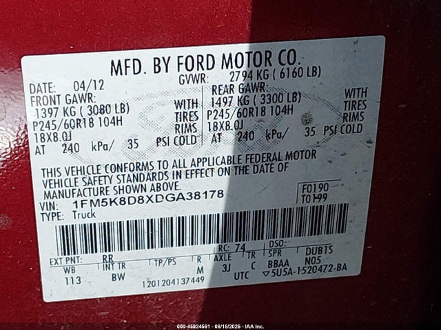 Продажа на аукционе авто 2013 Ford Explorer Xlt, vin: 1FM5K8D8XDGA38178, номер лота: 45924561