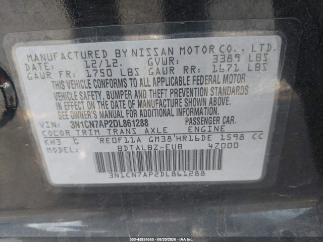 Продаж на аукціоні авто 2013 Nissan Versa 1.6 Sv, vin: 3N1CN7AP2DL861288, номер лоту: 45924565