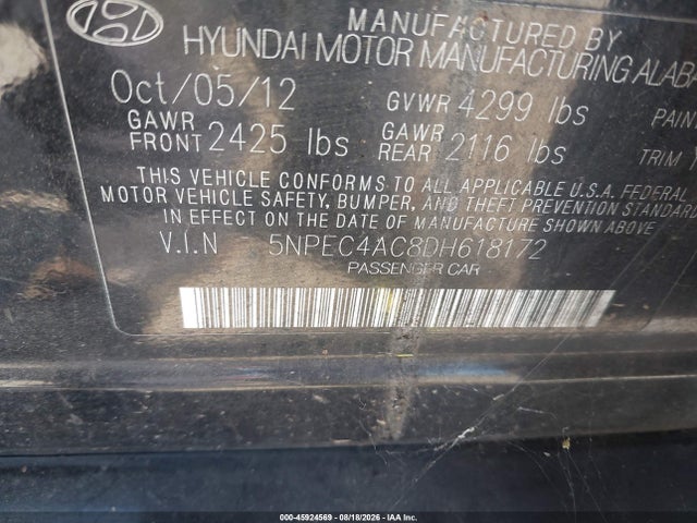 2013 Hyundai Sonata Limited მანქანა იყიდება აუქციონზე, vin: 5NPEC4AC8DH618172, აუქციონის ნომერი: 45924569
