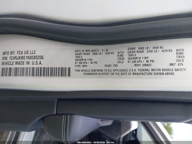 Aukcja sprzedaży 2022 Jeep Grand Cherokee L Limited 4x4, vin: 1C4RJKBG1N8585206, numer aukcji: 45924583