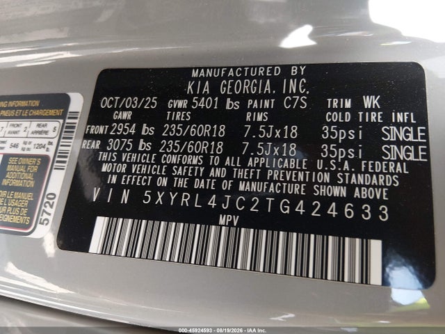 Продаж на аукціоні авто 2026 Kia Sorento S, vin: 5XYRL4JC2TG424633, номер лоту: 45924593