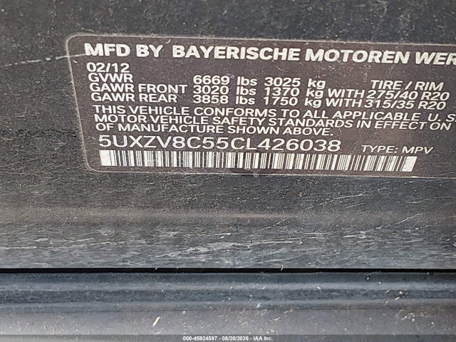 Aukcja sprzedaży 2012 Bmw X5 Xdrive50i, vin: 5UXZV8C55CL426038, numer aukcji: 45924597