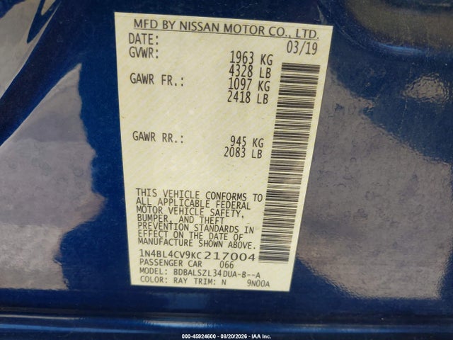 Nissan Altima 2.5 Sr 2019 1N4BL4CV9KC217004 Image 9