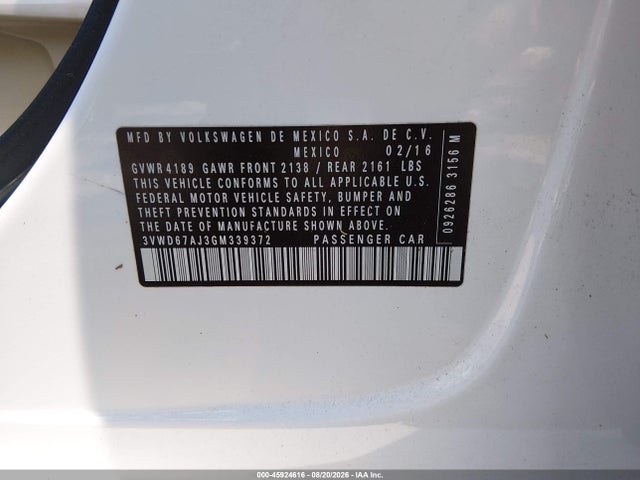 45924616 :رقم المزاد ، 3VWD67AJ3GM339372 vin ، 2016 Volkswagen Jetta 1.4t Se مزاد بيع