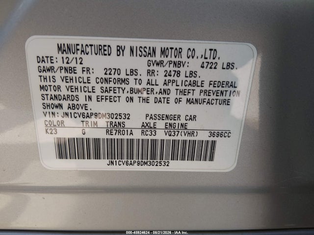Продаж на аукціоні авто 2013 Infiniti G37 Journey, vin: JN1CV6AP9DM302532, номер лоту: 45924624