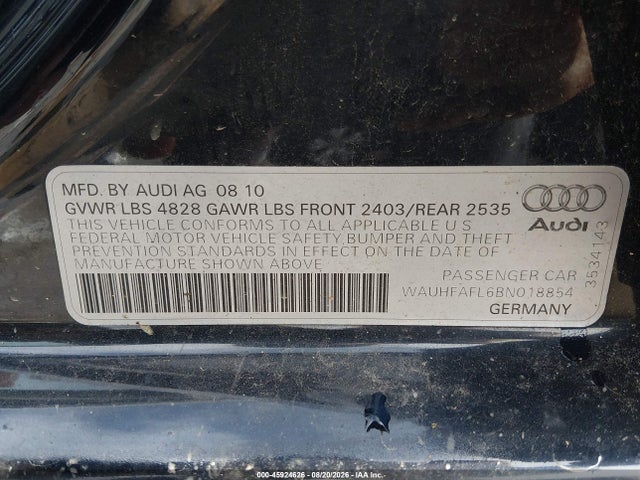 Продаж на аукціоні авто 2011 Audi A4 2.0t Premium, vin: WAUHFAFL6BN018854, номер лоту: 45924626