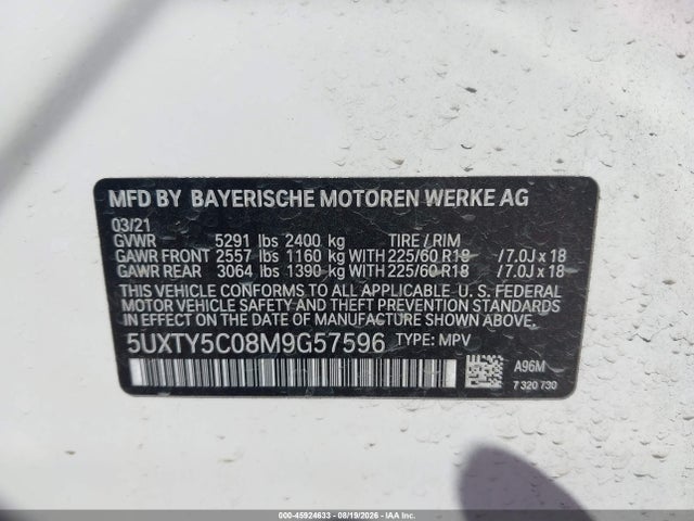 45924633 :رقم المزاد ، 5UXTY5C08M9G57596 vin ، 2021 Bmw X3 Xdrive30i مزاد بيع