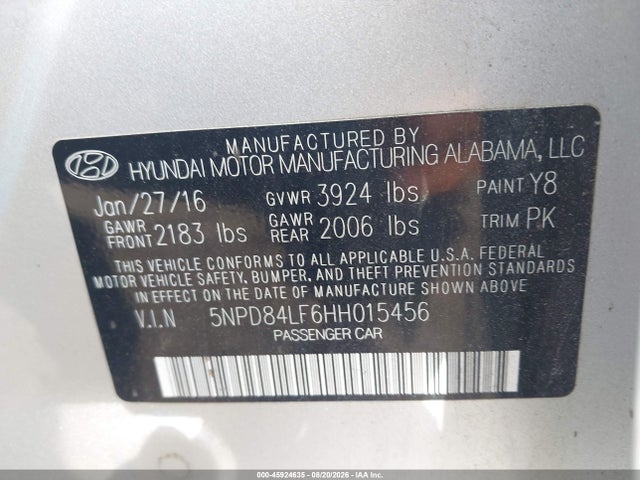 2017 Hyundai Elantra Se მანქანა იყიდება აუქციონზე, vin: 5NPD84LF6HH015456, აუქციონის ნომერი: 45924635