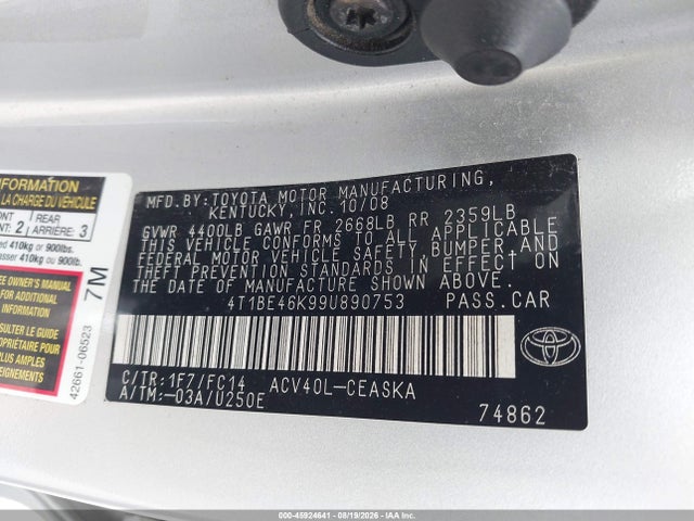 2009 Toyota Camry Se მანქანა იყიდება აუქციონზე, vin: 4T1BE46K99U890753, აუქციონის ნომერი: 45924641