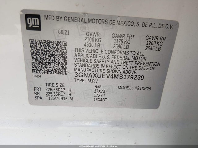 45924649 :رقم المزاد ، 3GNAXUEV4MS179239 vin ، 2021 Chevrolet Equinox Awd Lt مزاد بيع