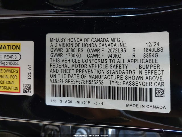Продажа на аукционе авто 2025 Honda Civic Sport, vin: 2HGFE2F57SH556252, номер лота: 45924663