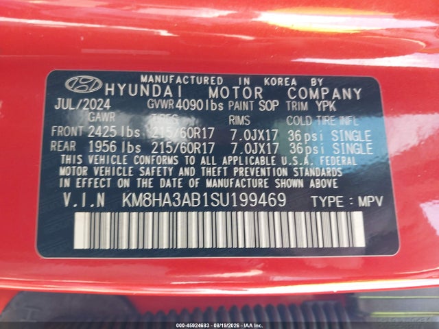45924683 :رقم المزاد ، KM8HA3AB1SU199469 vin ، 2025 Hyundai Kona Se مزاد بيع