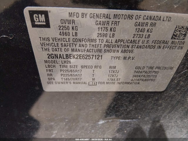 2014 Chevrolet Equinox Lt მანქანა იყიდება აუქციონზე, vin: 2GNALBEK2E6257121, აუქციონის ნომერი: 45924697