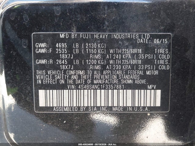 Subaru Outback 2.5i Limited 2015 4S4BSANC1F3357881 Image 9