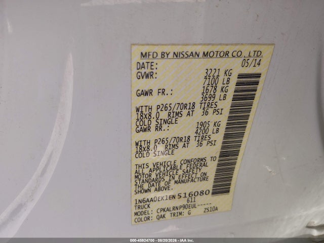 Продаж на аукціоні авто 2014 Nissan Titan S, vin: 1N6AA0EK1EN516080, номер лоту: 45924700